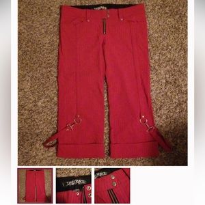 CRIMSON RED Gangsta Pranksta vintage NEW Lip Service bondage pinstripe capris XL